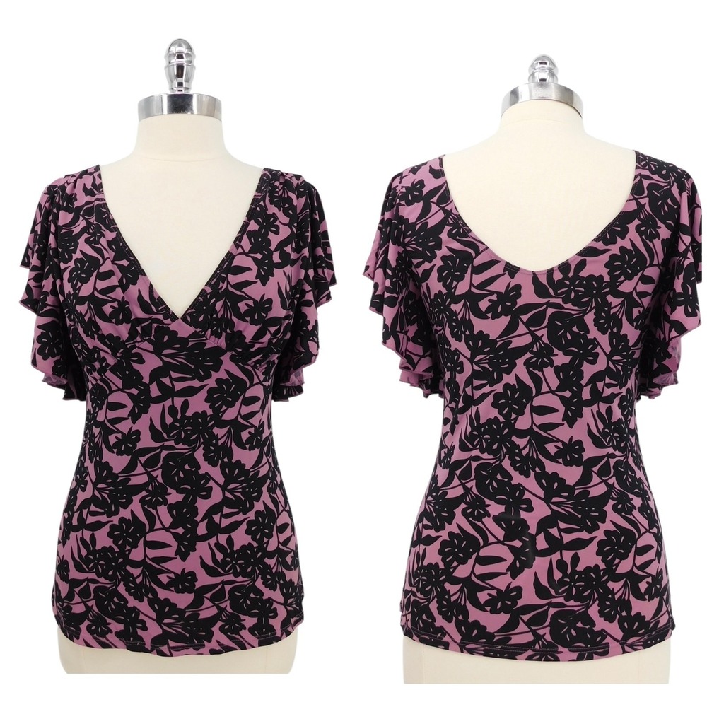 First Kiss Purple Black Floral Flutter Sleeve V-Neck Blouse Top Womens